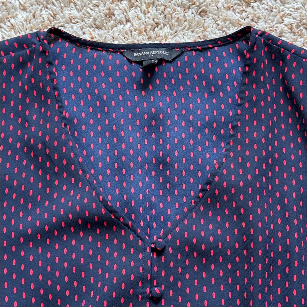 SOLD. Banana Republic Navy and Red Polka Dot Blouse - Picture 4 of 7